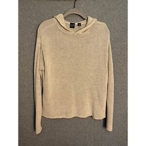Gap Hooded Linen Blend Knit Sweater Beige Lightweight Boho Coastal M Granola